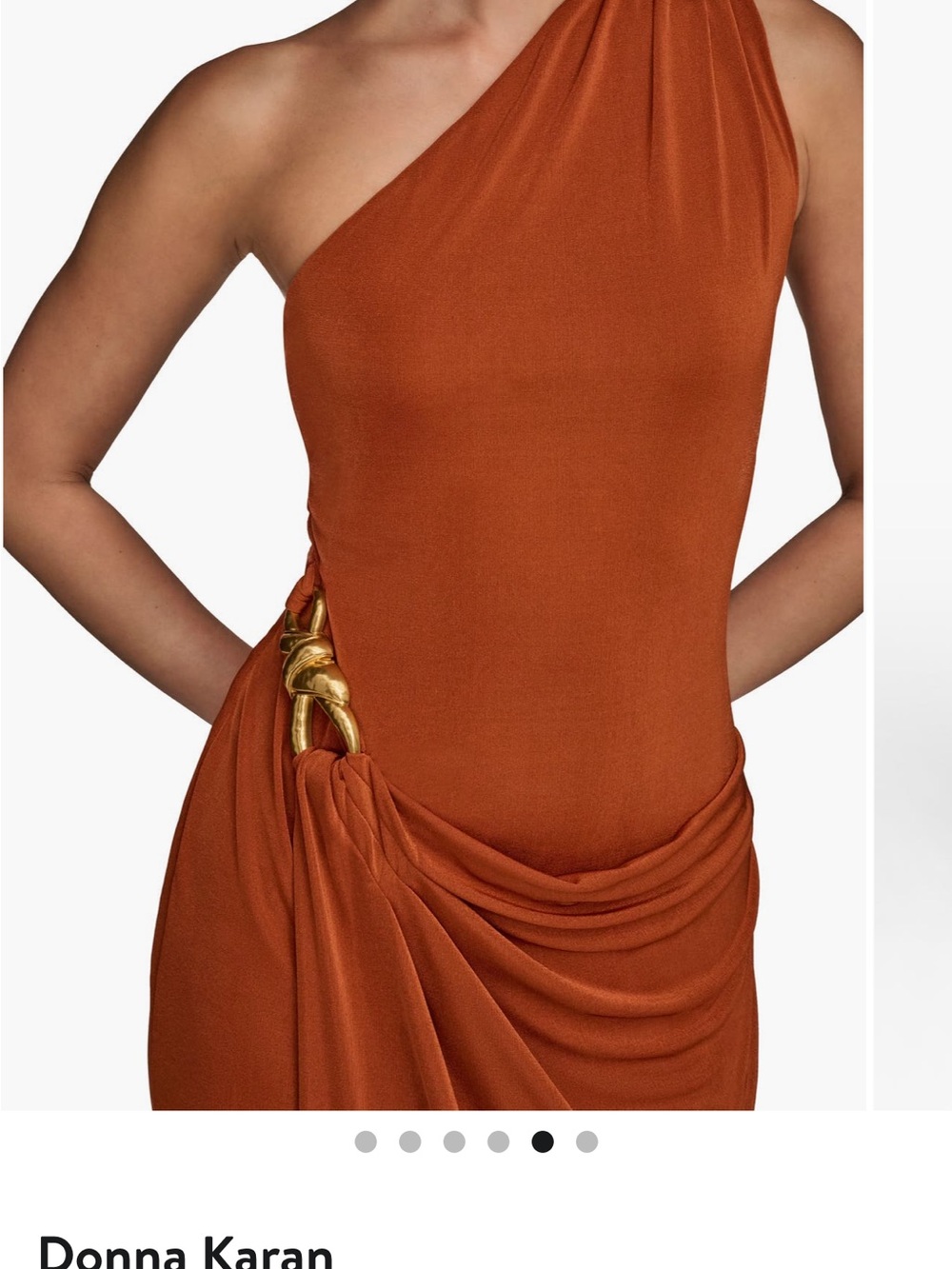 Donna Karan One-Shoulder Brick Orange Dress with Gold Accent